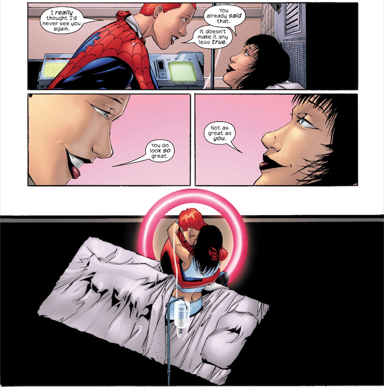 Mary Jane tells Mariko she thought she'd never see her again and that she looks great. "Not as great as you," Mariko says, and they kiss.