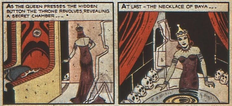 A green-skinned, elegant queen enters a secret chamber behind her throne and gazes at a necklace. Zatara, just depicted as an outline to show his invisibility, follows her.