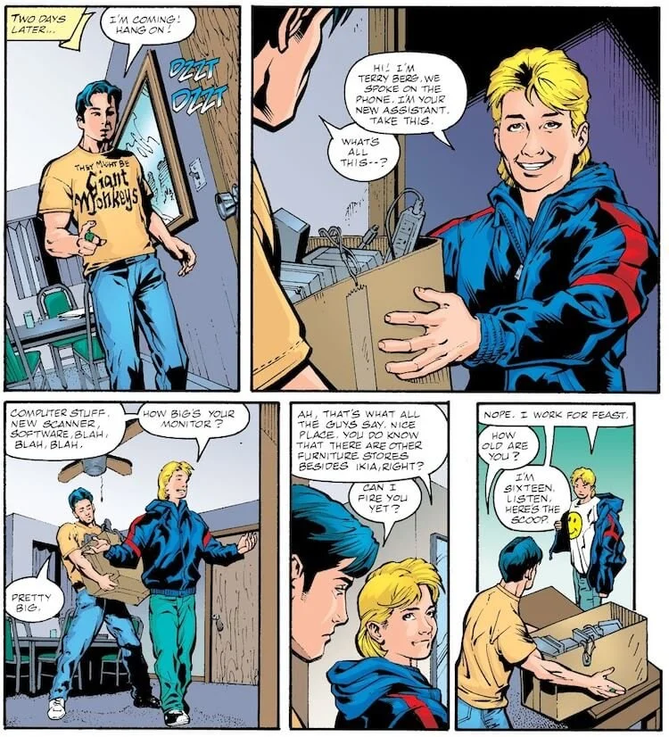 Terry, a blond teenager, shows up at the door of Kyle's apartment and immediately makes himself at home, teasing Kyle for his decor.