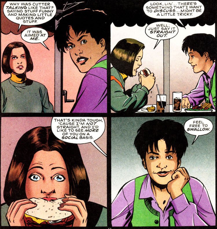Linda and Andy eat lunch together. Andy says "I'm not straight and I'd like to see more of you on a social basis. Feel free to swallow" as Linda stares with her mouth full of sandwich.