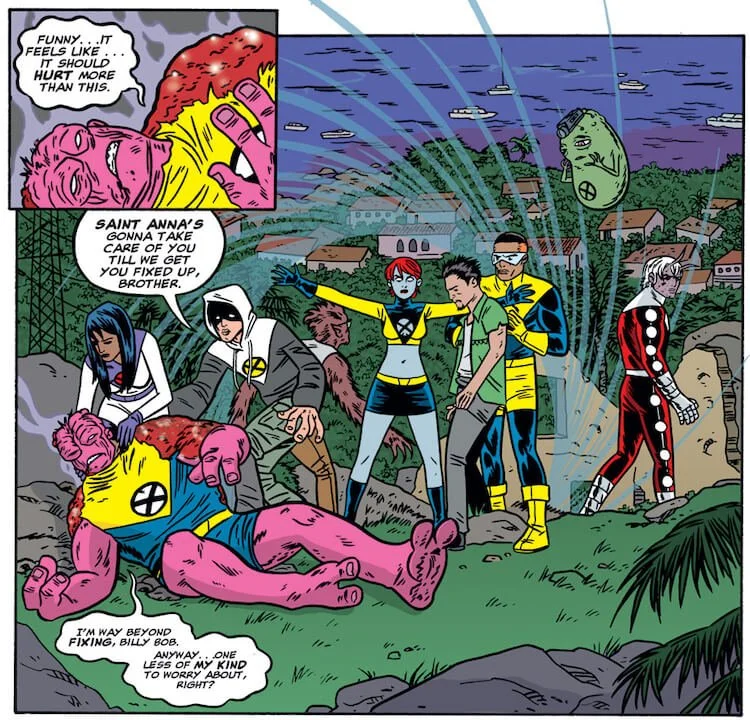 Phat tries to comfort a dying Bloke. Bloke, lying on the ground and covered in burns, says he's "way beyond fixing, Billy Bob. Anyway...one less of my kind to worry about, right?"