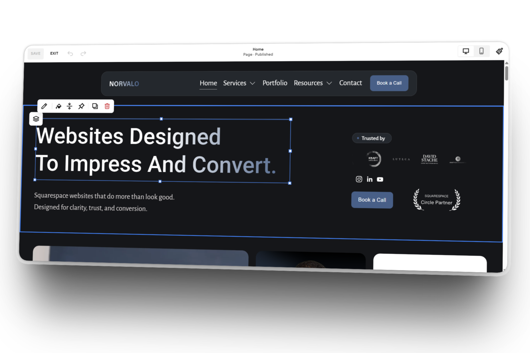 Screenshot of a website editing interface displaying a homepage with the headline 'Websites Designed To Impress And Convert.' on a dark background, along with buttons, icons, and partner logos.