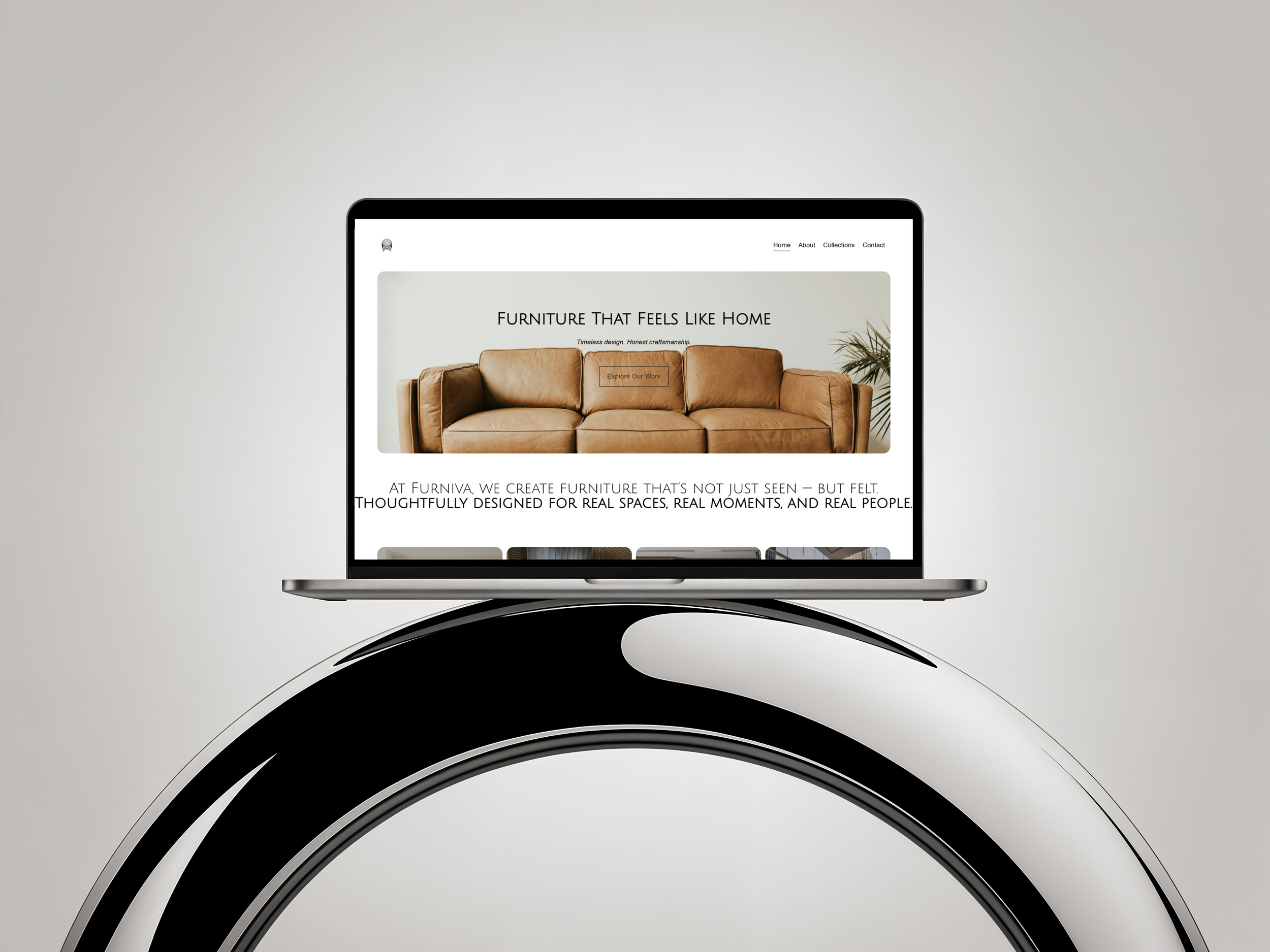 Laptop displaying a furniture website with a beige sofa and a plant in the background.