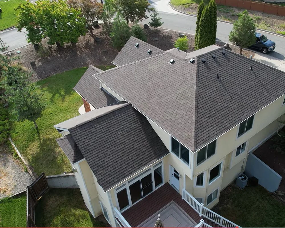 Residential roof replacement Coeur d’Alene Idaho asphalt shingles CAC Roofing drone shot