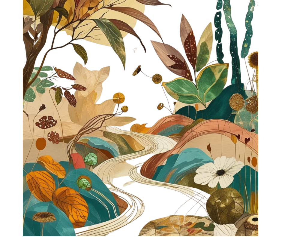 Illustration of a lush, colorful landscape with flowing streams, various plants, flowers, and leaves in earthy tones.