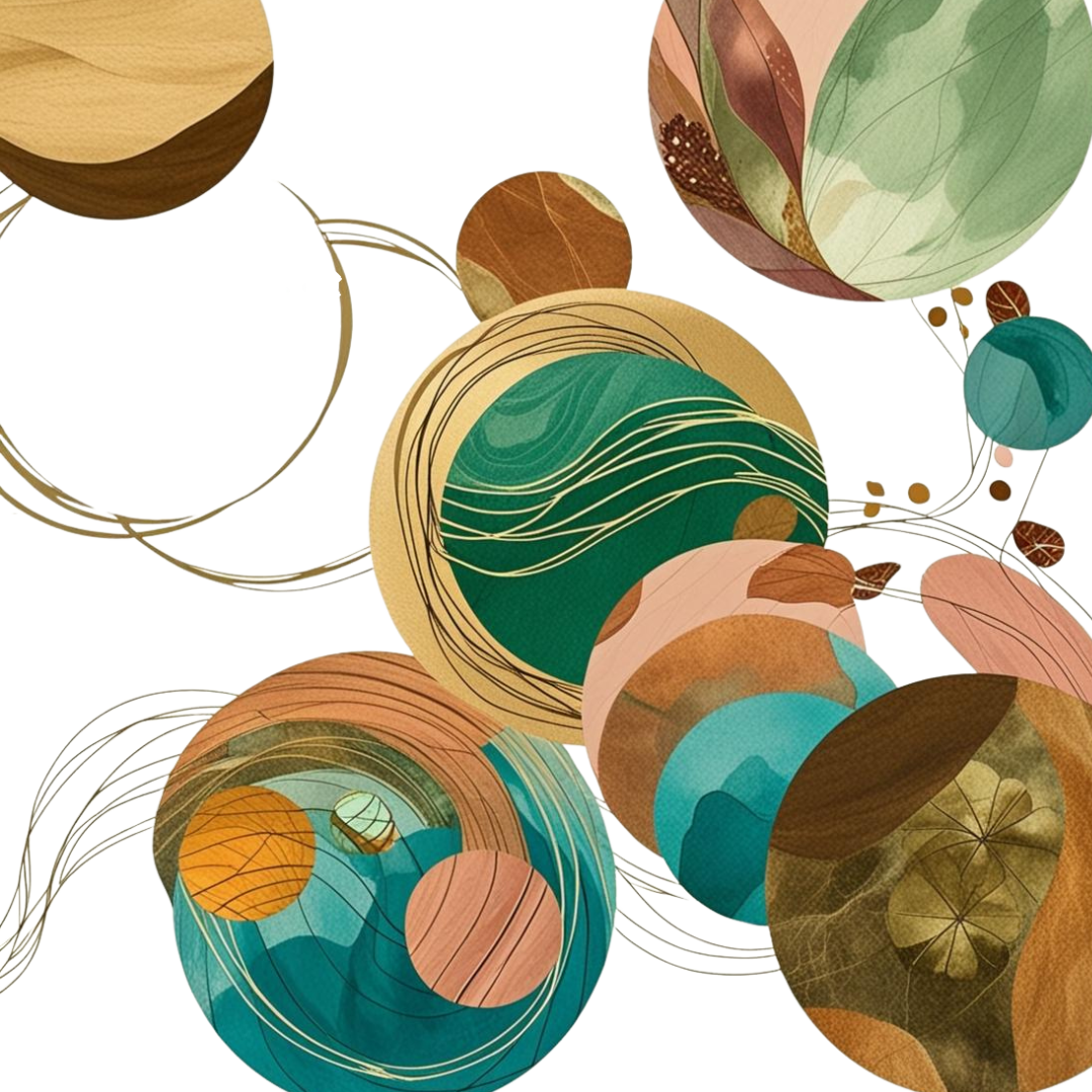 Collection of decorative, abstract balls with nature-inspired patterns and earthy tones, including greens, browns, and blues.