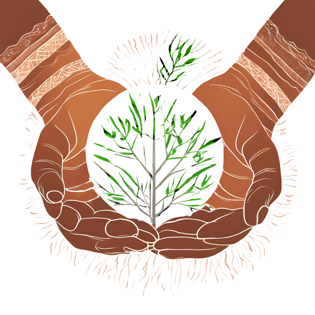 Illustration of two hands surrounding a small green plant, symbolizing care for nature or growth.