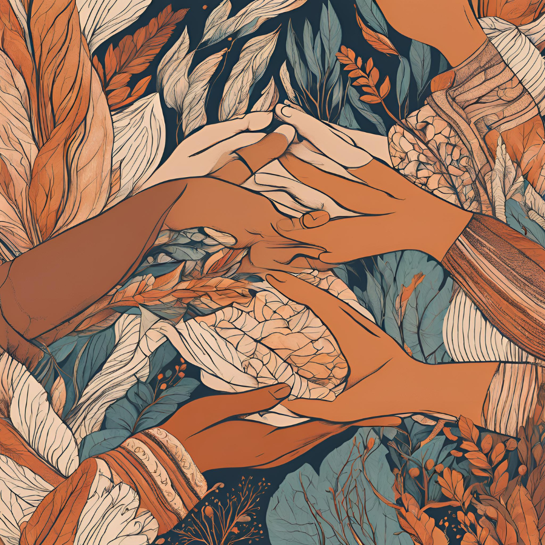 Illustration of multiple hands reaching out to touch each other over a background of various leaves and foliage in earthy tones.