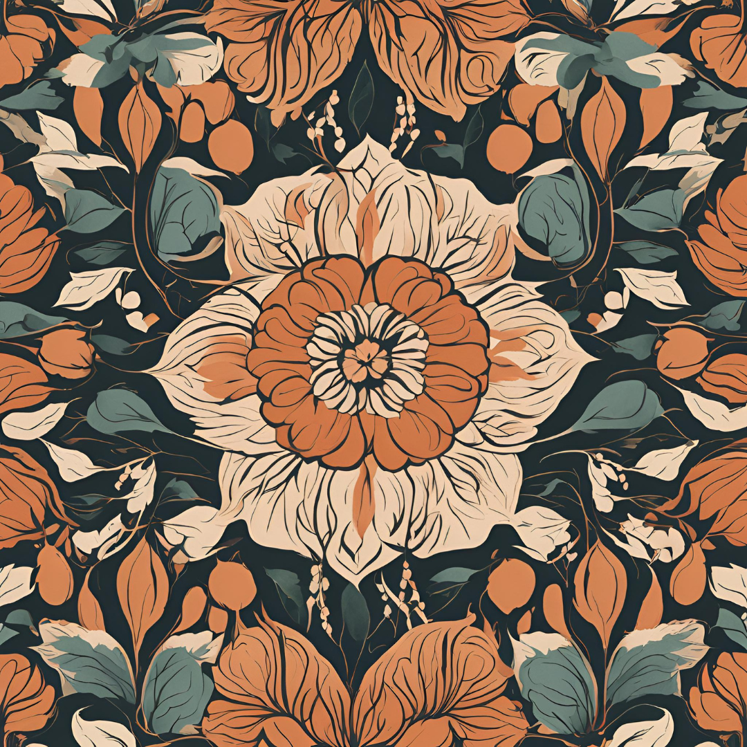 A detailed floral pattern with large orange and cream flowers, green and cream leaves, and small white flower accents on a dark background.