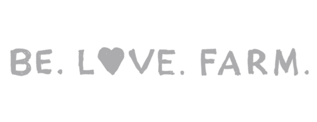 Text reading 'BE LOVE FARM' with a heart symbol replacing the letter 'O' in 'LOVE' and in a handwritten style.