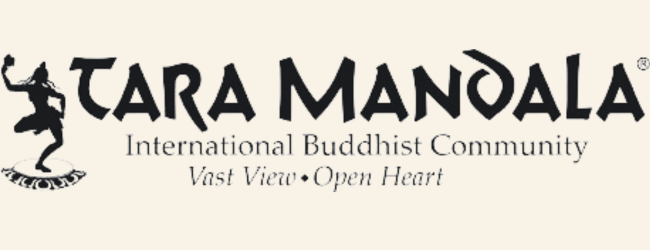 Logo for Tara Mandala, an international Buddhist community, featuring a dancing figure and the text 'Vast View • Open Heart'.