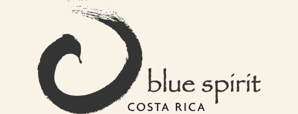 Stylized black swirl logo with text "blue spirit COSTA RICA" on a beige background.