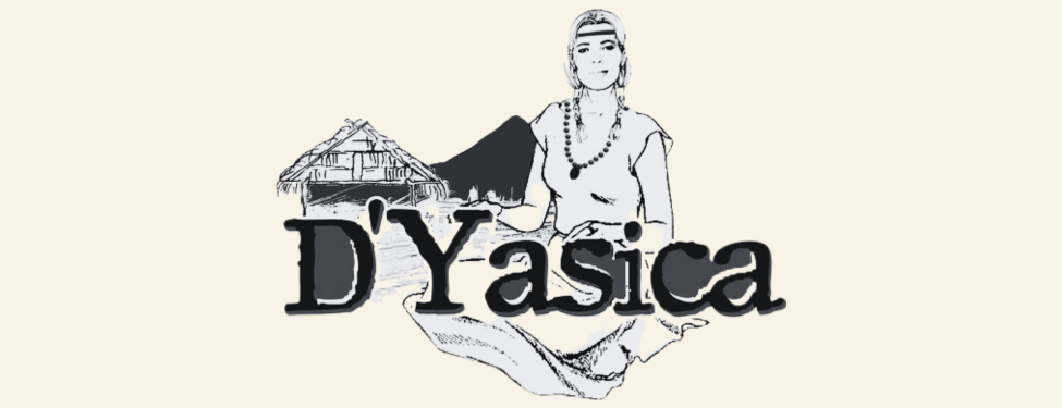 Illustration of a woman in traditional attire, sitting in front of a mountain and a house, with the text 'DYasica' below.