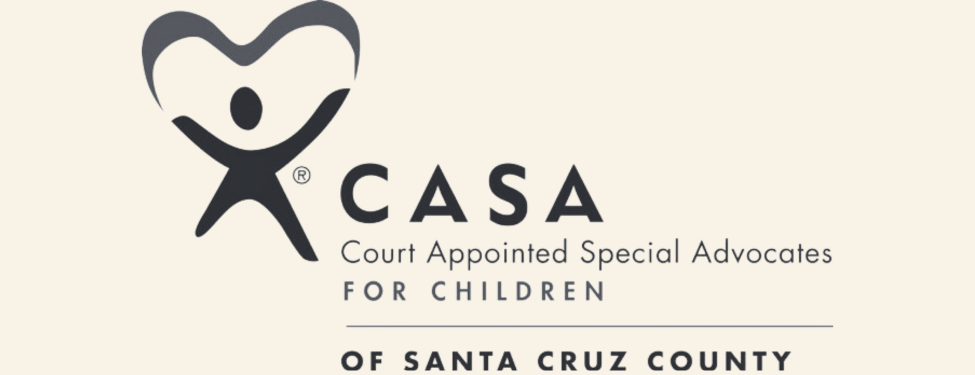 Logo for CASA of Santa Cruz County, featuring a stylized child with arms raised, forming a heart shape, and text 'Court Appointed Special Advocates for Children'.