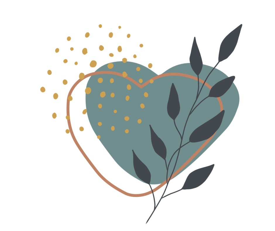 A stylized heart with a blue-green fill, surrounded by a pink outline, with dark gray leaves and stem overlaying part of the heart, and gold dots scattered above and to the left of the heart.