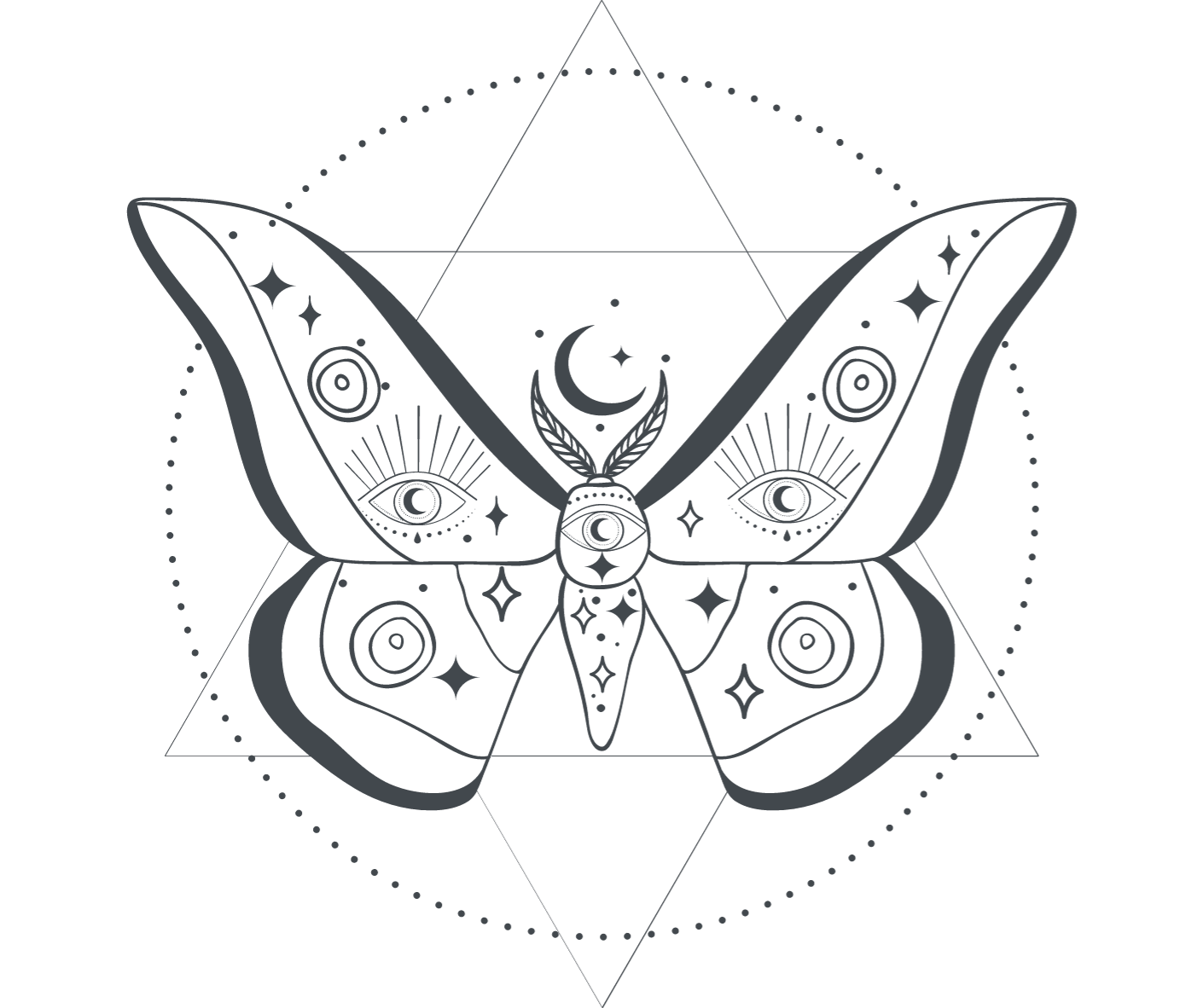 A line art illustration of a butterfly with mystical symbols, eye motifs, crescent moon, stars, and geometric patterns on its wings, surrounded by a circular dotted border.