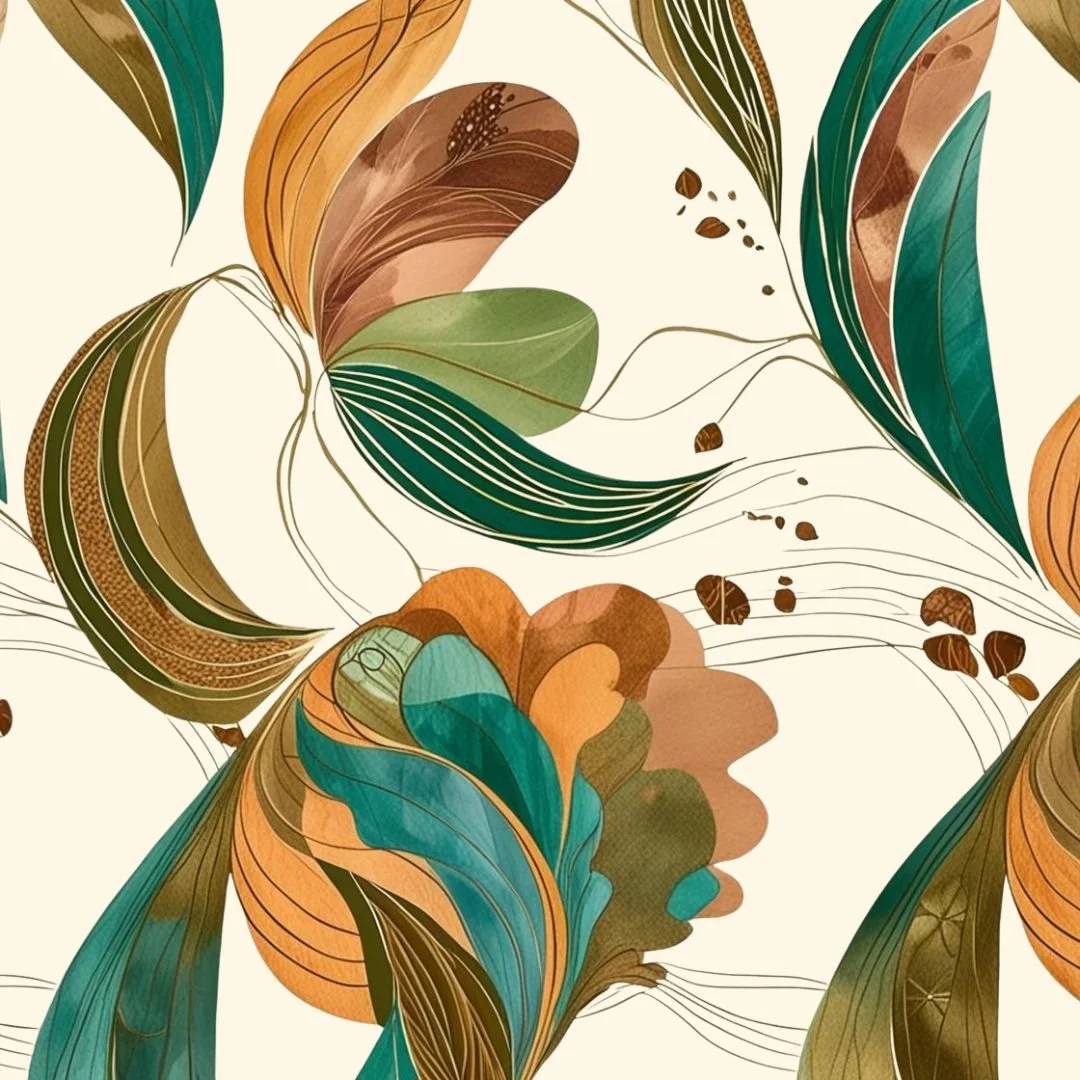 Abstract floral pattern with large colorful leaves and swirling lines in shades of green, orange, brown, and teal.