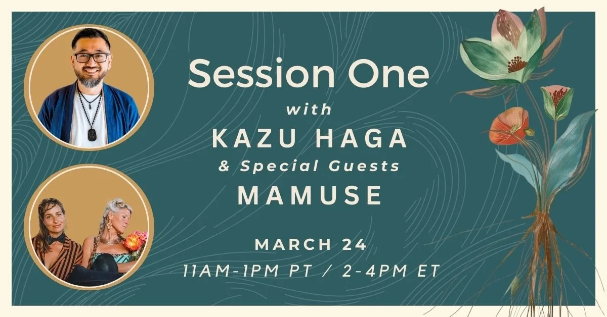 Event poster for a session featuring Kazu Haga and special guests Mamuse on March 24 from 11AM to 1PM PT / 2 to 4PM ET, with photos of Kazu Haga and Mamuse, and floral illustrations on a blue-green background.