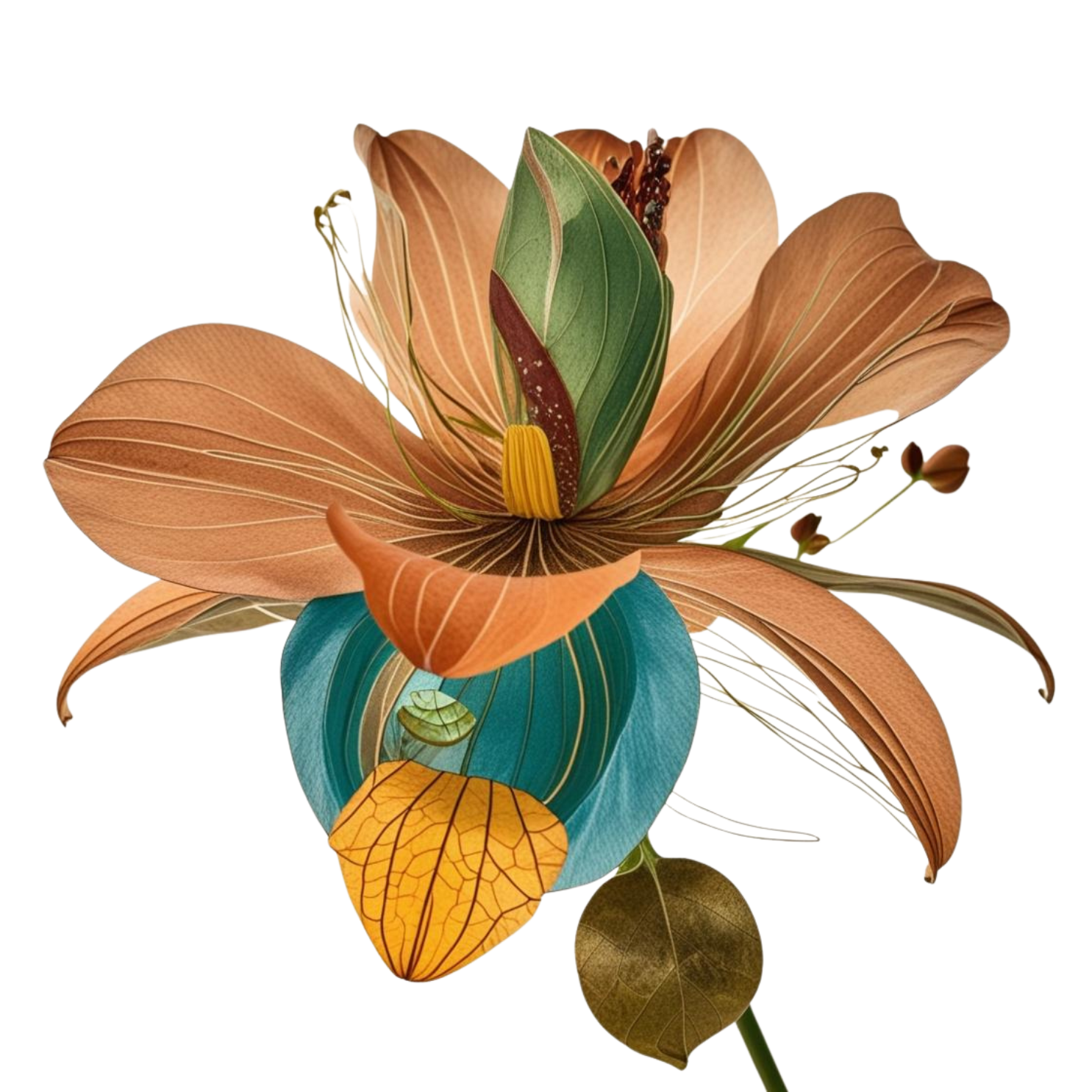 A decorative flower made of various colored paper or fabric petals, with detailed textures and multiple layers, featuring blue, yellow, green, orange, and brown hues.