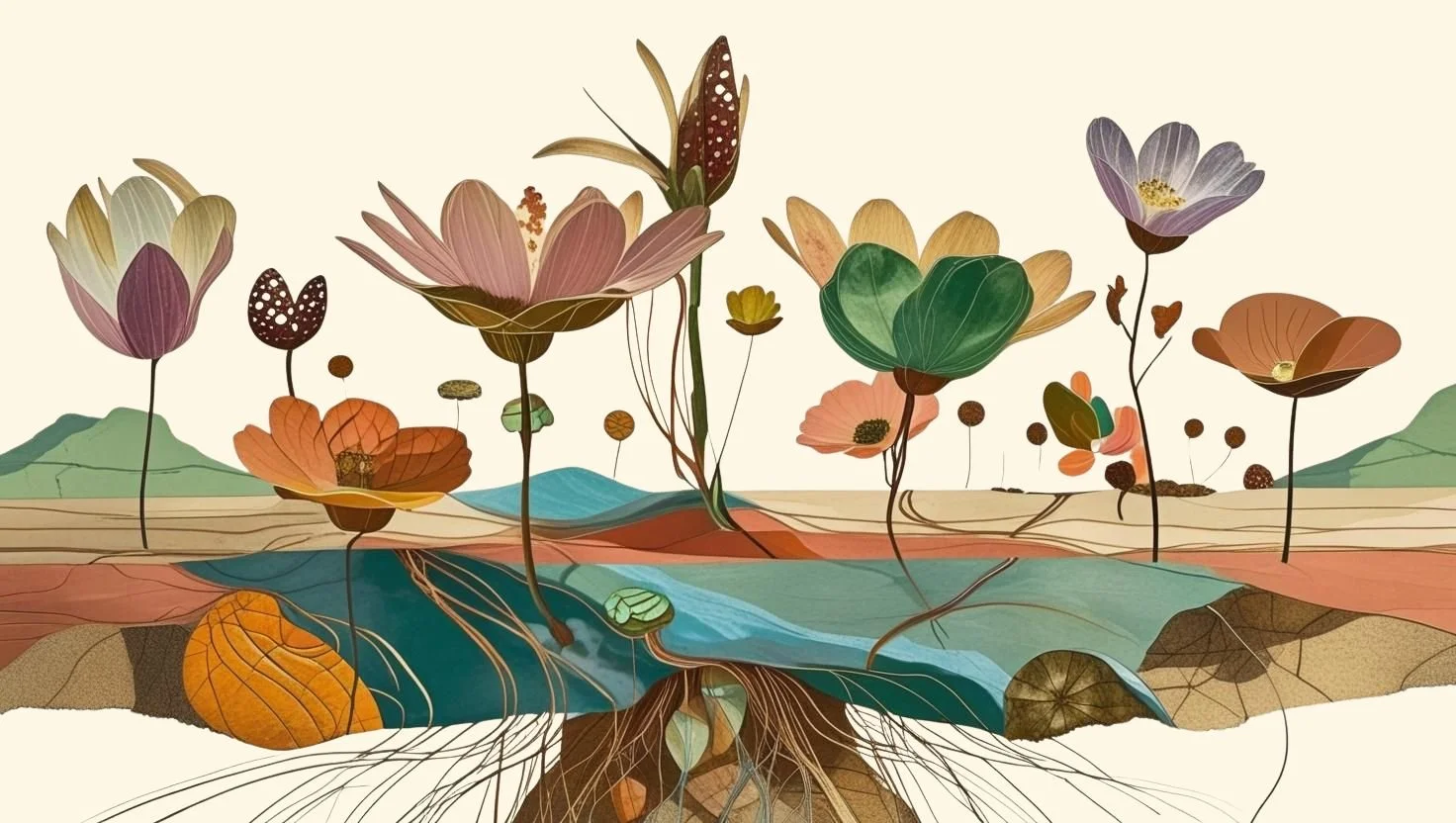 A stylized illustration of flowers, butterflies, and roots in a landscape with mountains, water, and soil layers.
