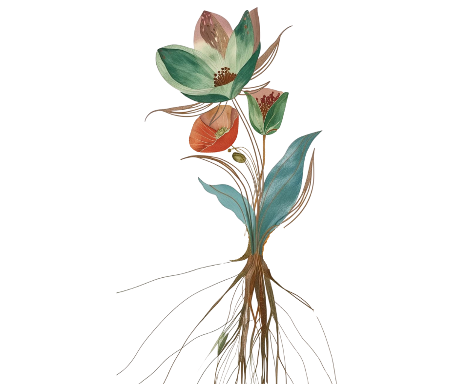 A digitally illustrated plant with large green and pink flowers, green leaves, and visible roots.