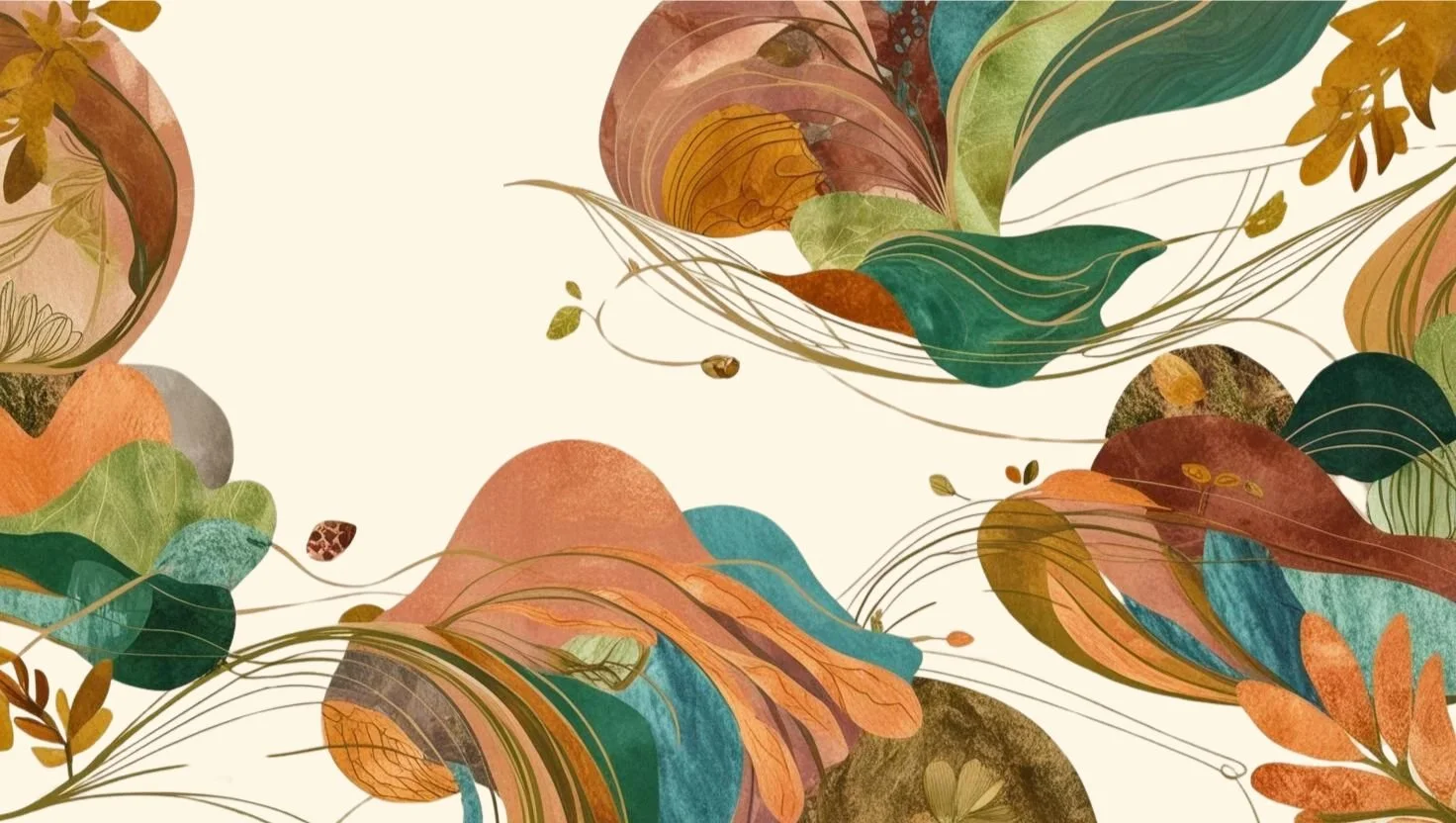 Abstract floral watercolor artwork with leaves and flowing lines in earthy tones of brown, orange, green, and teal on a cream background.
