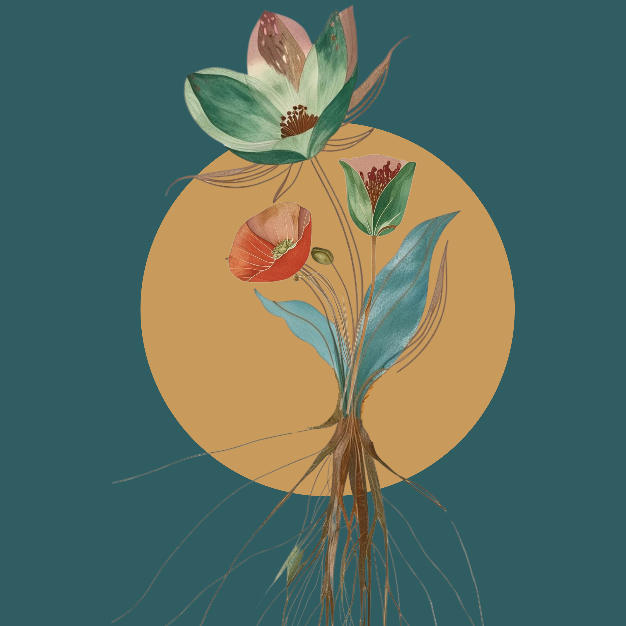 Stylized illustration of a plant with colorful flowers and visible roots against a teal background with a large circle behind