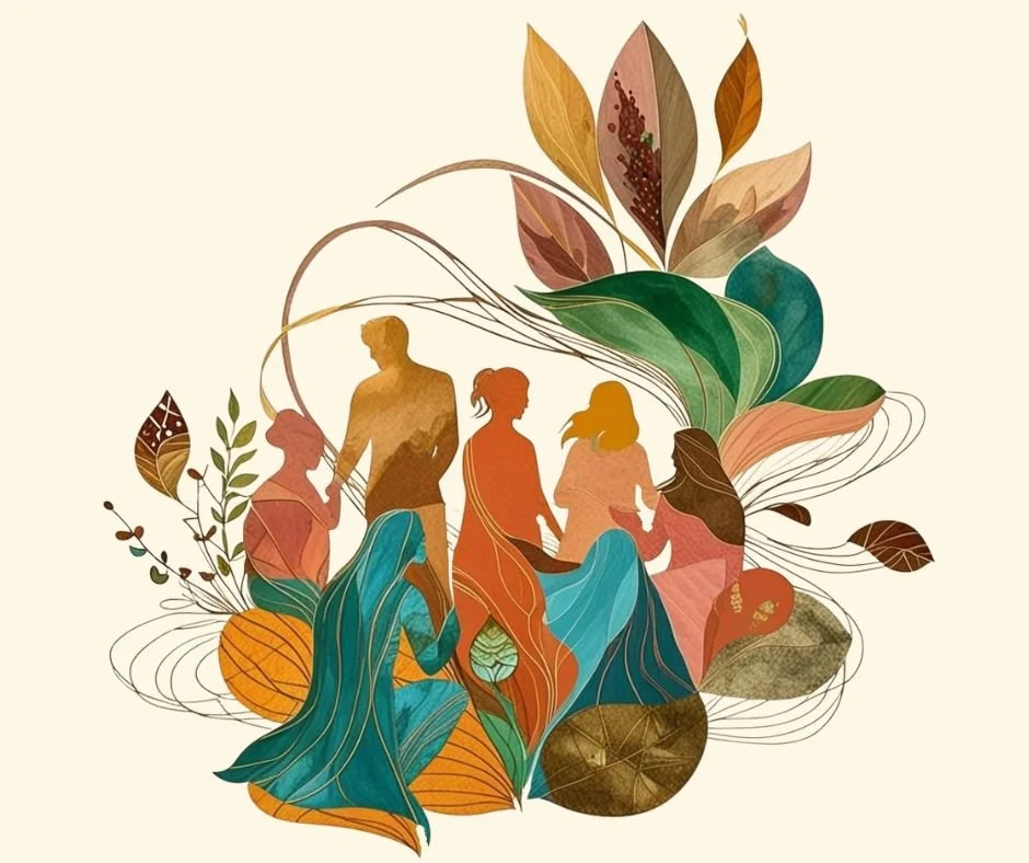Silhouettes of five people surrounded by colorful leaves and botanical elements in an artistic, abstract style.