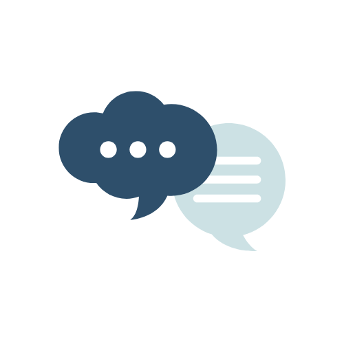 Two speech bubbles, one dark blue and one light blue, with three dots in the dark blue bubble and three lines in the light blue bubble.