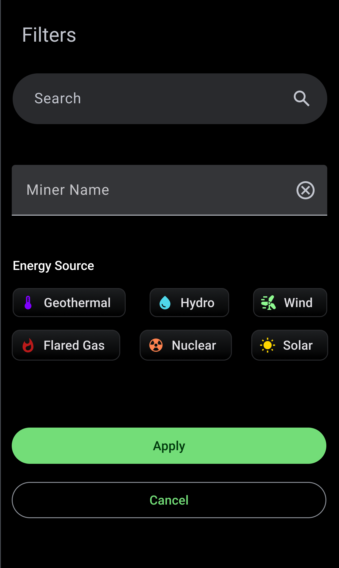 High-fidelity mobile version of the table search and filters
