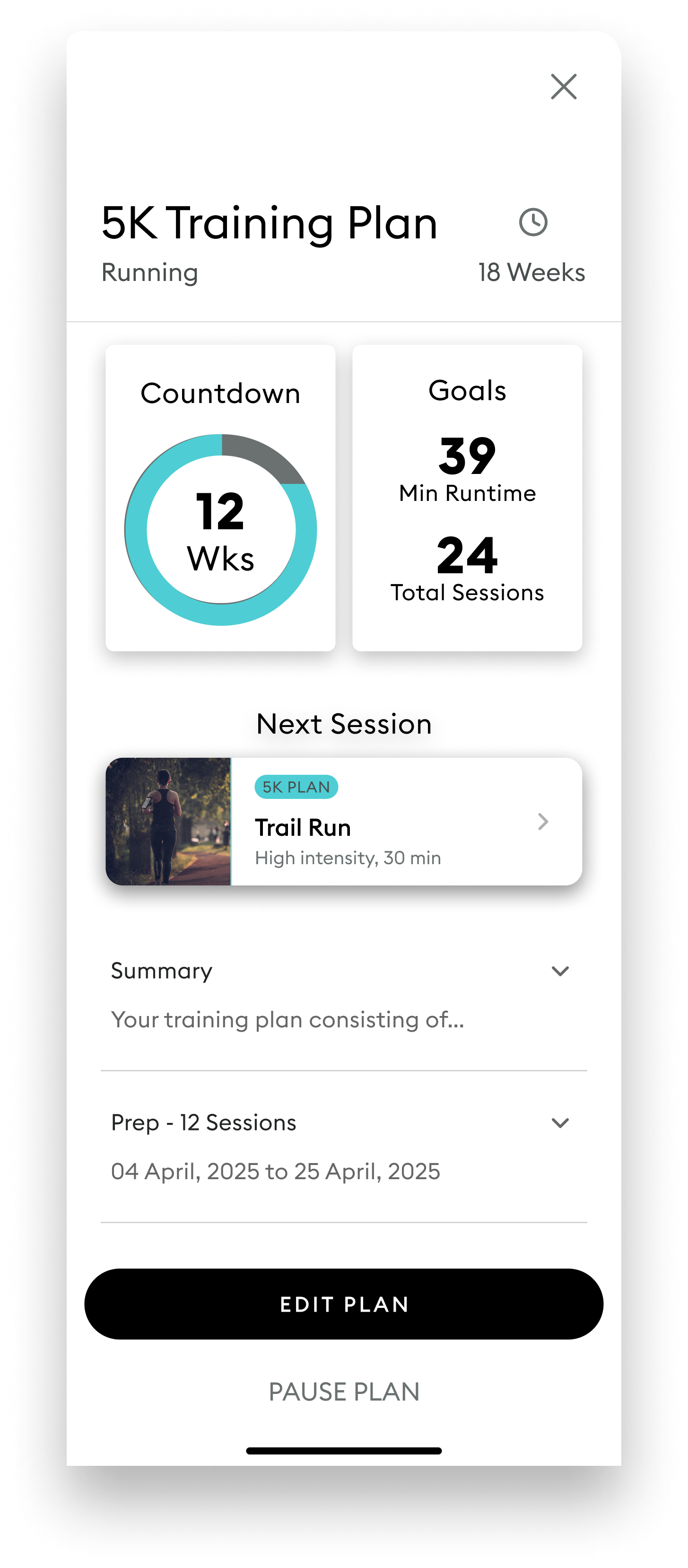 The new design with the next training session shown, and the number of sessions in each phase of the plan.