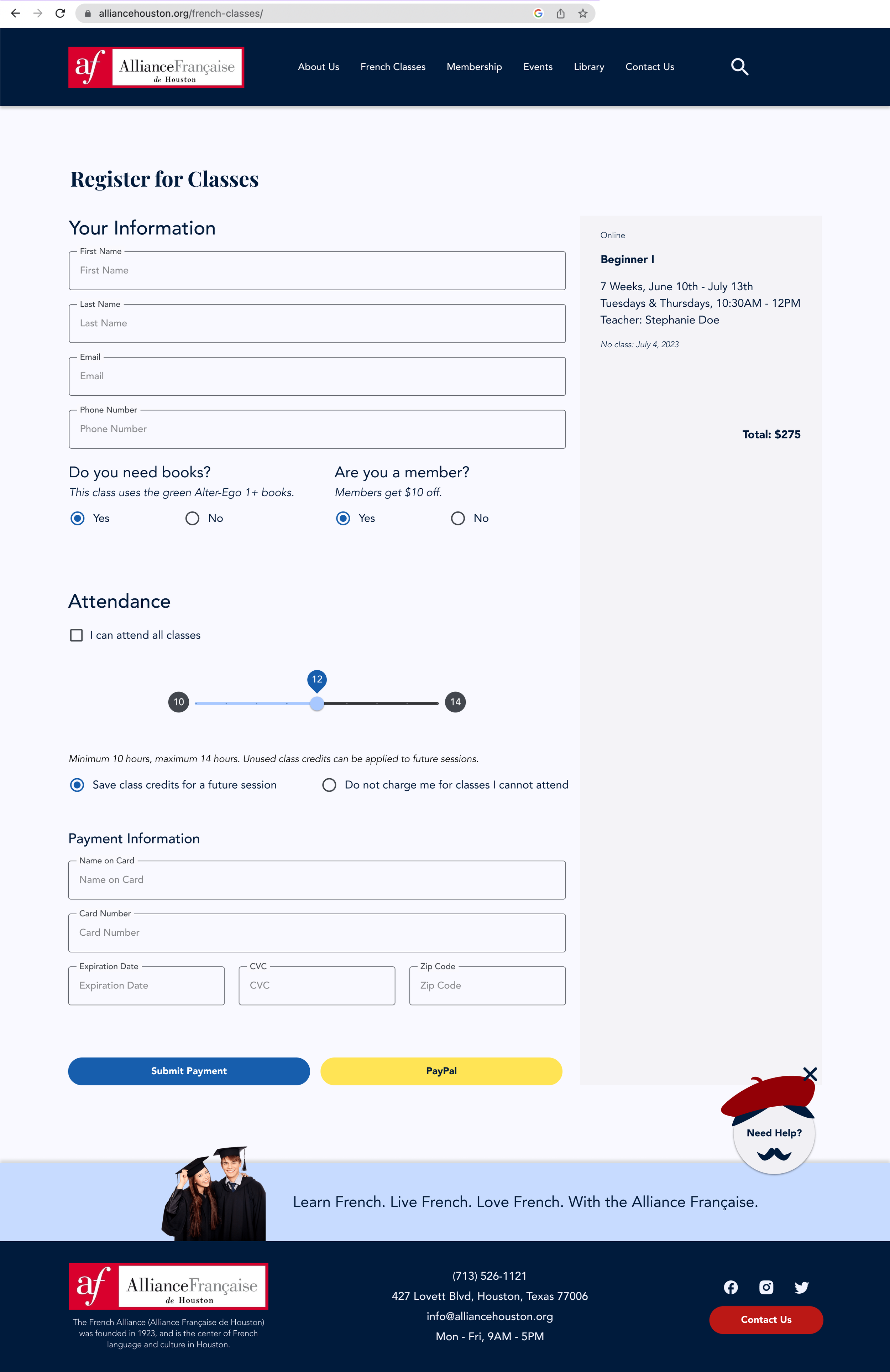 Register for class form web