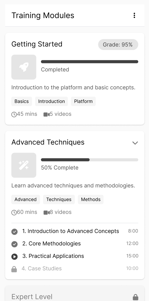 Video modules showing progress, completed exam status, and locked modules.