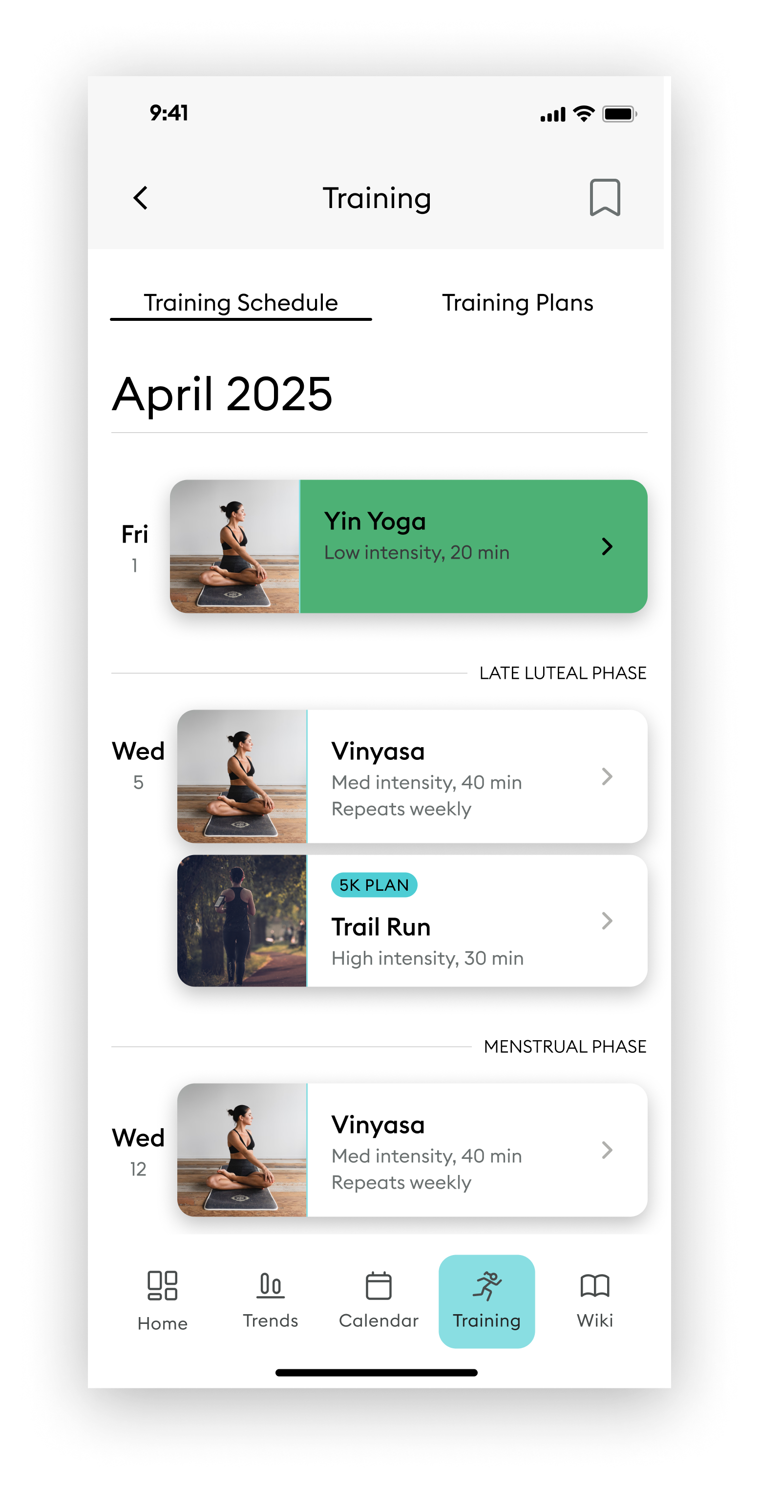The new design showing how the training sessions can have their associated plan clearly labelled.