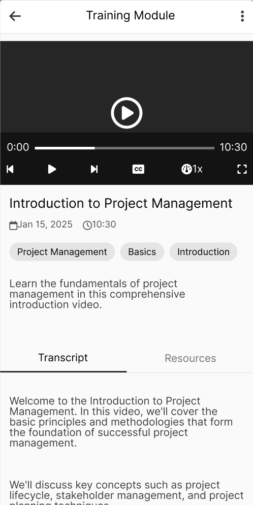 Video player showing the transcript, relevant documents, and video information.