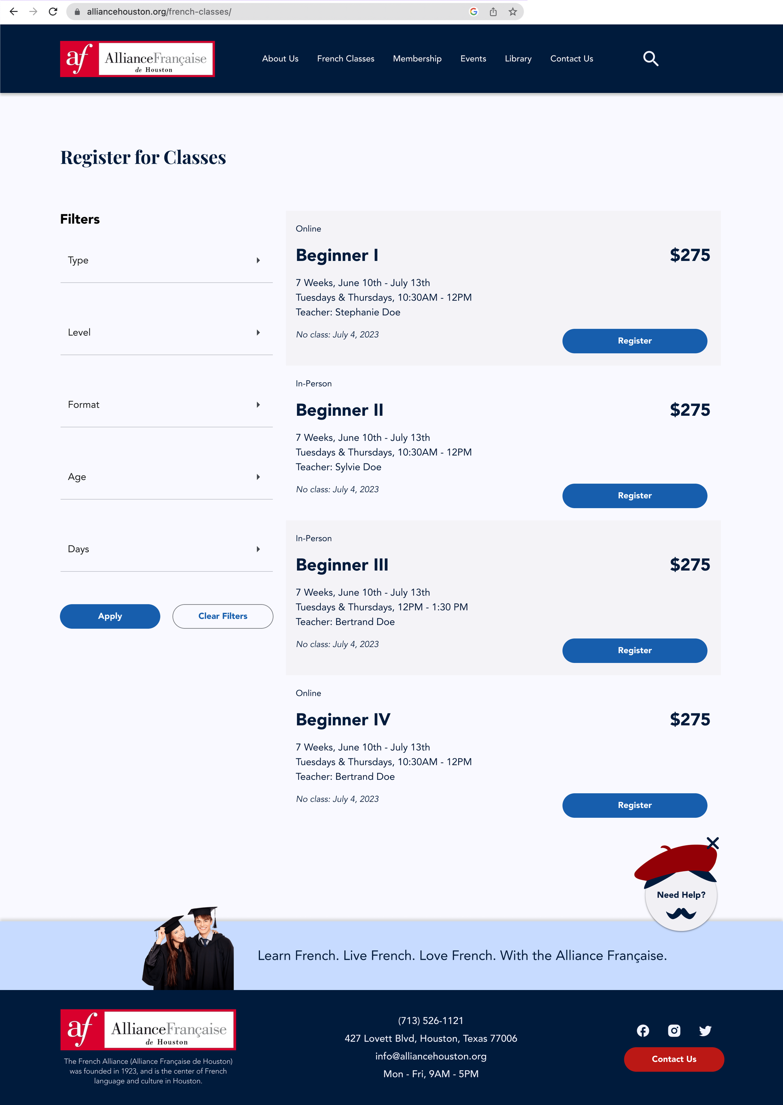 Class options and registration button web