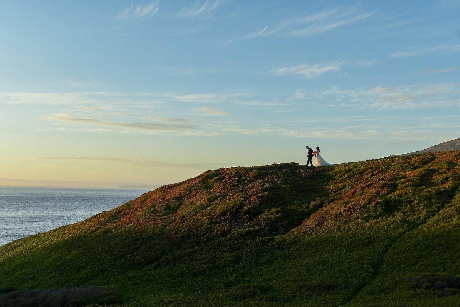 A couple dressed in wedding attire walking on a grassy hill near the ocean during sunset or sunrise.