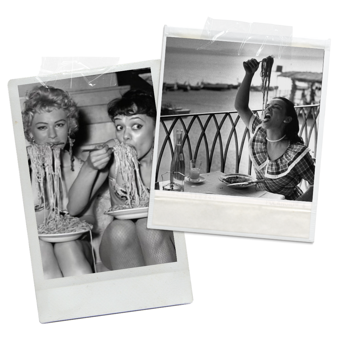 vintage photographs of women enjoying plates of pasta