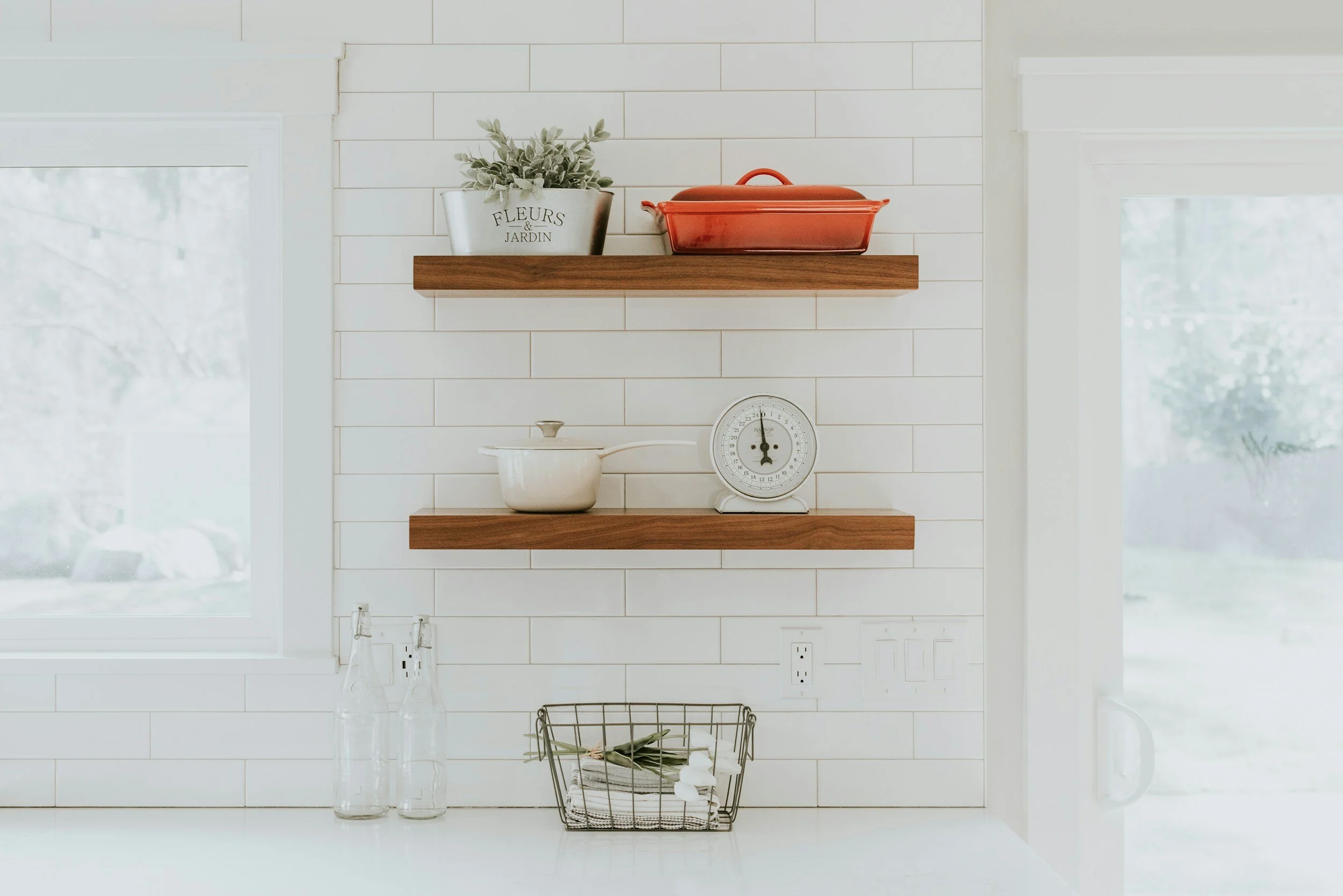 Wood shelves in kitchen above counter
