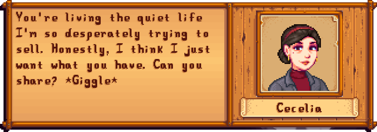 Pixel art image of a conversation with a character named Cecelia, who is smiling with dark brown hair tied back, wearing a dark gray jacket and a red shirt. The dialogue box reveals Cecelia expressing her desire for the other person's possessions and making a joke.