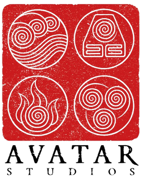 Four circular symbols with swirling patterns, a stylized avatar face, flames, and three spirals, with the text 'Avatar Studios' underneath.
