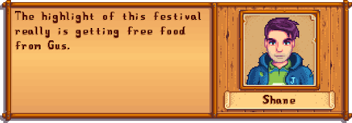 Screenshot from a video game showing a character named Shane with purple hair, wearing a blue jacket and green shirt. The dialogue box says, 'The highlight of this festival really is getting free food from Gus.'