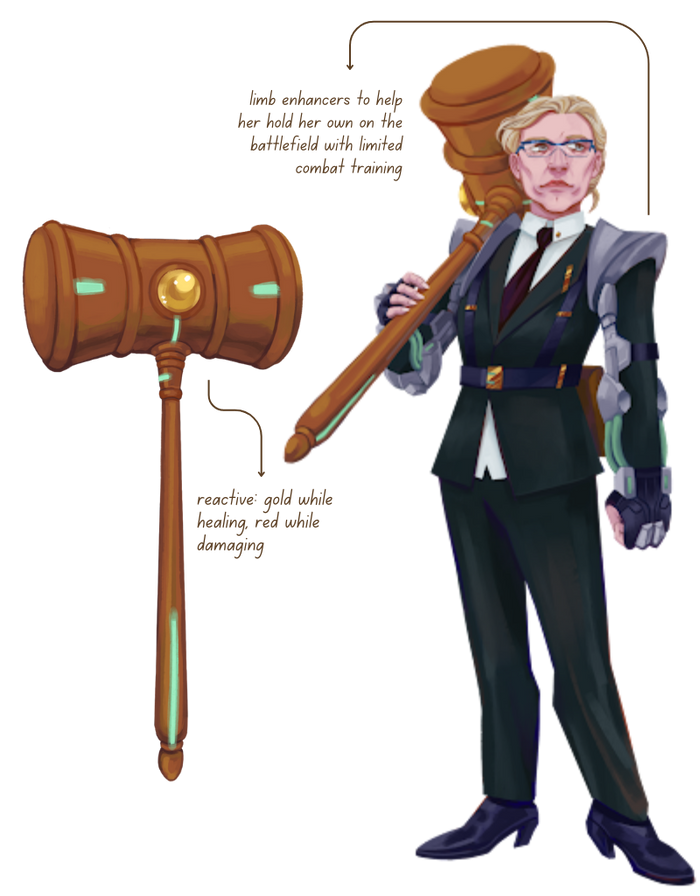 A digital illustration of a woman with glasses and blonde hair styled in a bun, wearing a dark suit with armor details, holding a large wooden hammer. A speech bubble points to the hammer, describing it as 'a massive and bulky library edition.' An additional label indicates the hammer is 'made of solid, dense, and sturdy material.'