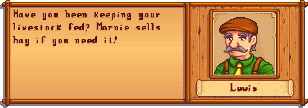 In-game dialogue box with a portrait of a man with a mustache, wearing a brown hat, green shirt, and yellow tie, named Lewis, offering livestock feed for sale.