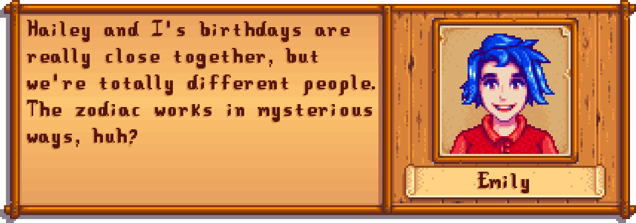 A pixel art portrait of a woman with blue hair and a red shirt, smiling, next to a text box with the name Emily. The text box contains a message about Hailey and Emily's birthdays and astrology.