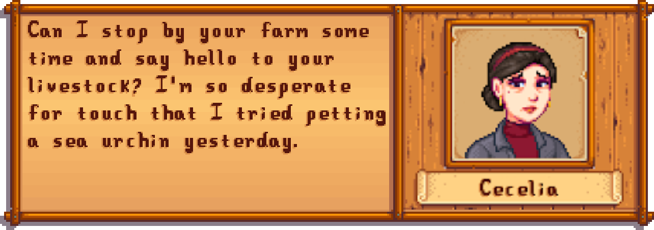 In-game dialogue box with a portrait of Cecelia, a woman with dark hair in a bun, wearing a gray coat and maroon turtleneck, speaking to the player in a farming simulation game.