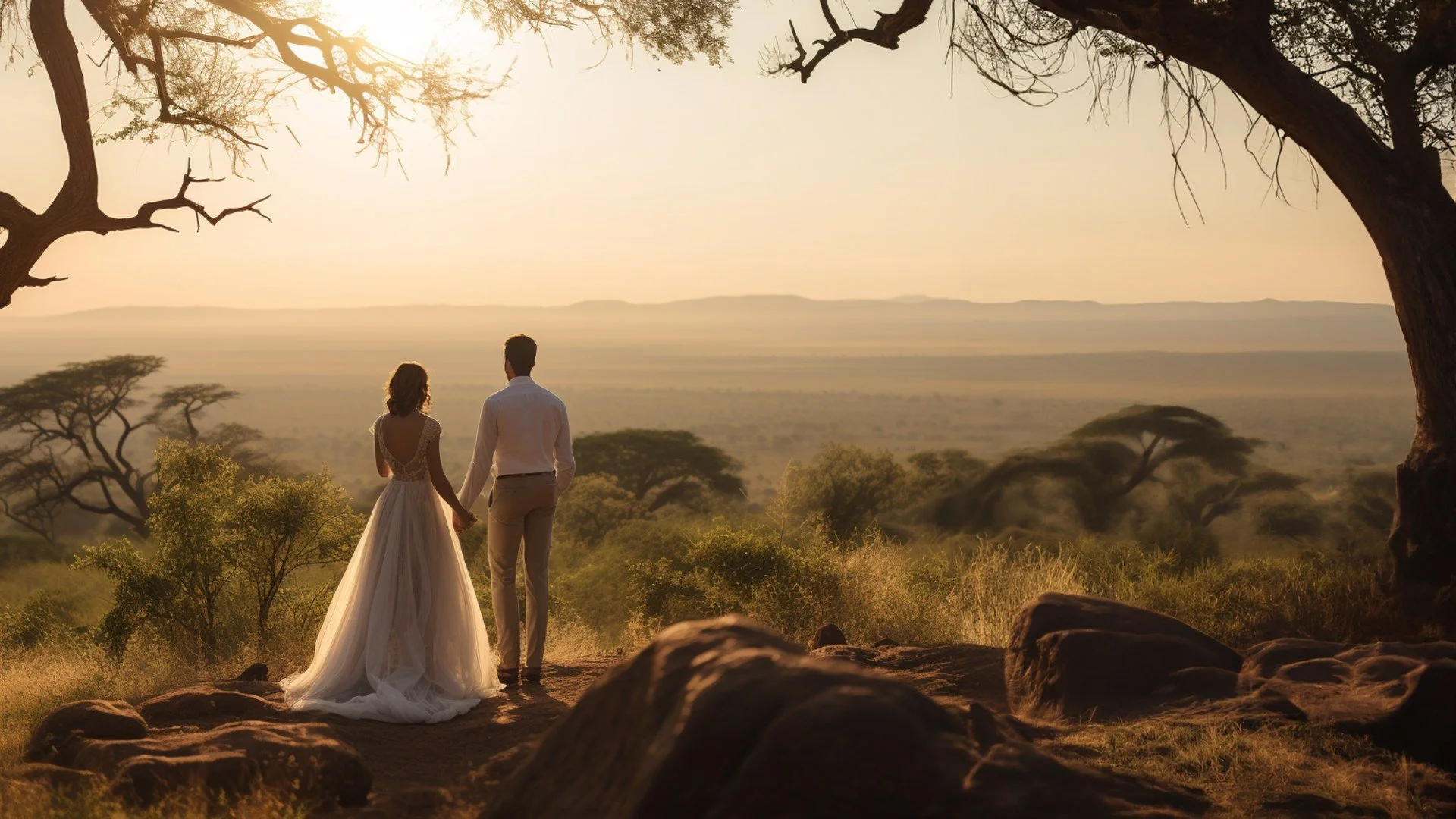 A couple dressed in wedding attire holding hands while standing on a rocky overlook in a savannah landscape at sunset, with trees and distant hills in the background.