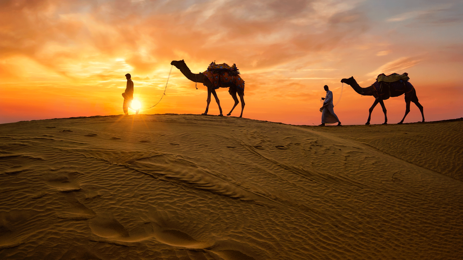 Silhouetted figures walking in a desert at sunset with two camels, one being led by a person in traditional attire and the other standing, illuminated by the orange and pink sky.