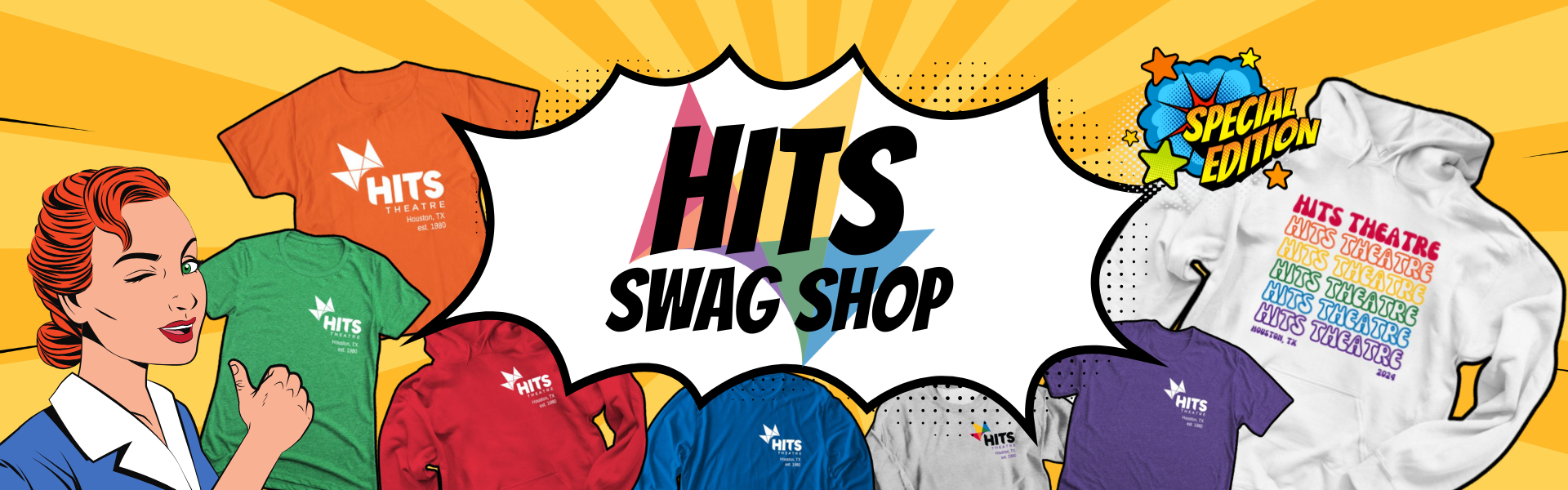 Colorful illustrated advertisement for the HITS Theatre swag shop featuring various T-shirts and hoodies with the HITS logo, a cartoon woman winking and pointing, and vibrant comic-style design elements.