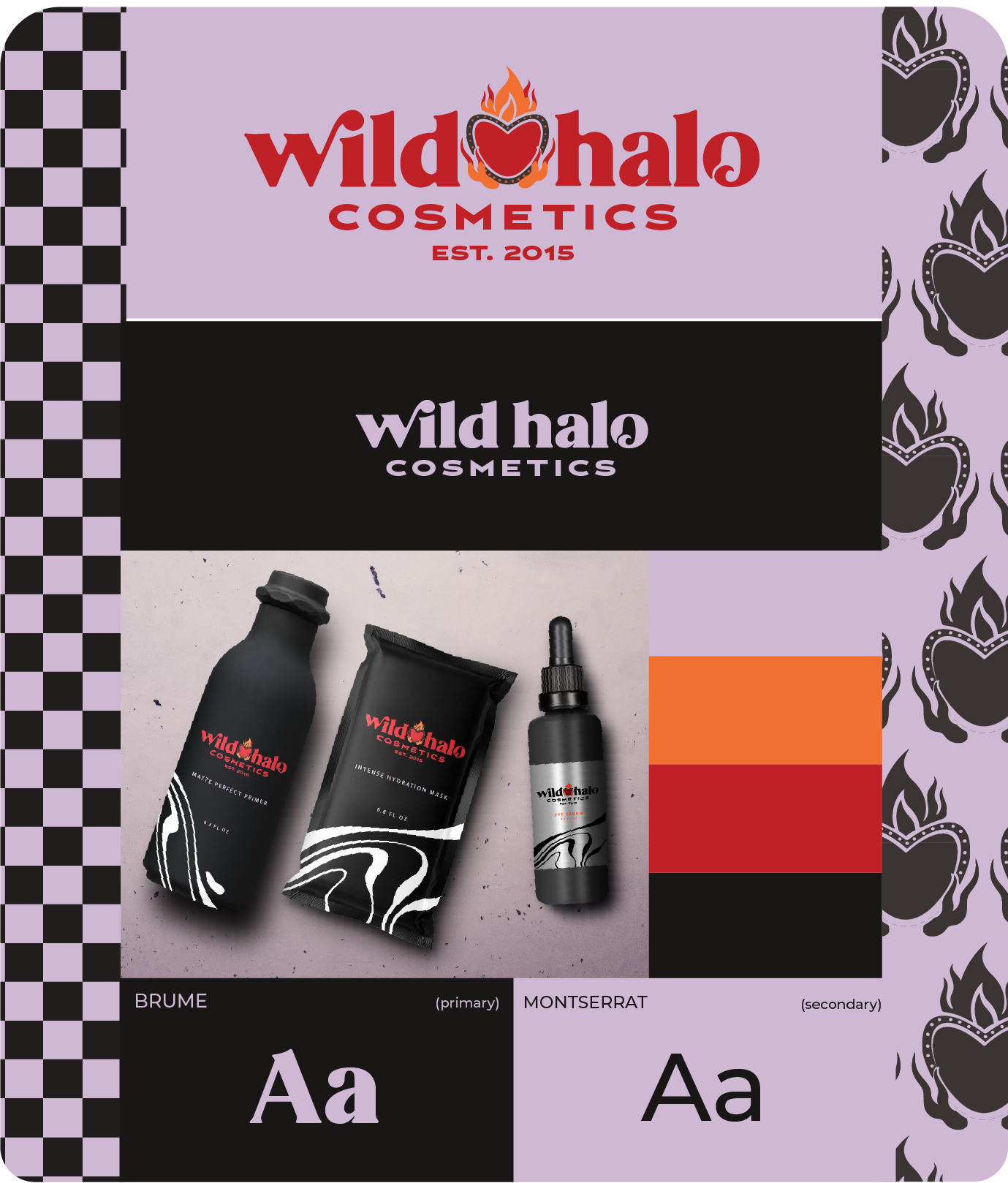 Wild Halo Cosmetics product packaging including a matte primer, intense hydration mask, and serum bottles in black with white abstract patterns, set against a purple and black background with checkered and flame heart motifs, and color swatches label